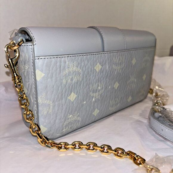 MCM Crossbody Purse Gray Leather Chic Preppy Designer Understated Gold Quiet Lux - Picture 8 of 15